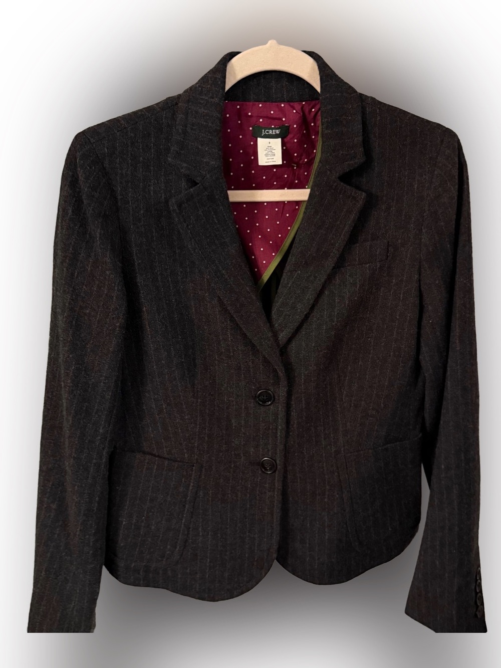 J Crew Women’s Charcoal Gray Pinstripe Blazer Wool Cotton Lining Sz 8 EUC